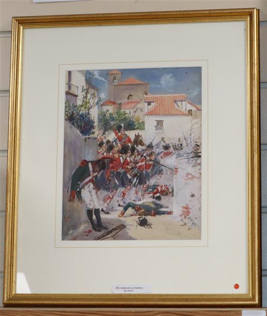 Circle of Simkin, five watercolours, Scottish Regiments in action, largest 34 x 24cm